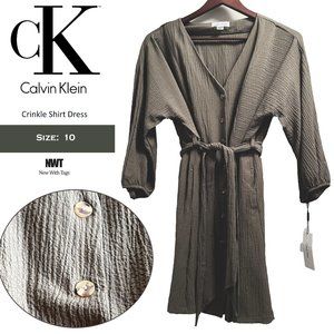 NWT: Calvin Klein Crinkle Belted Shirt Dress
